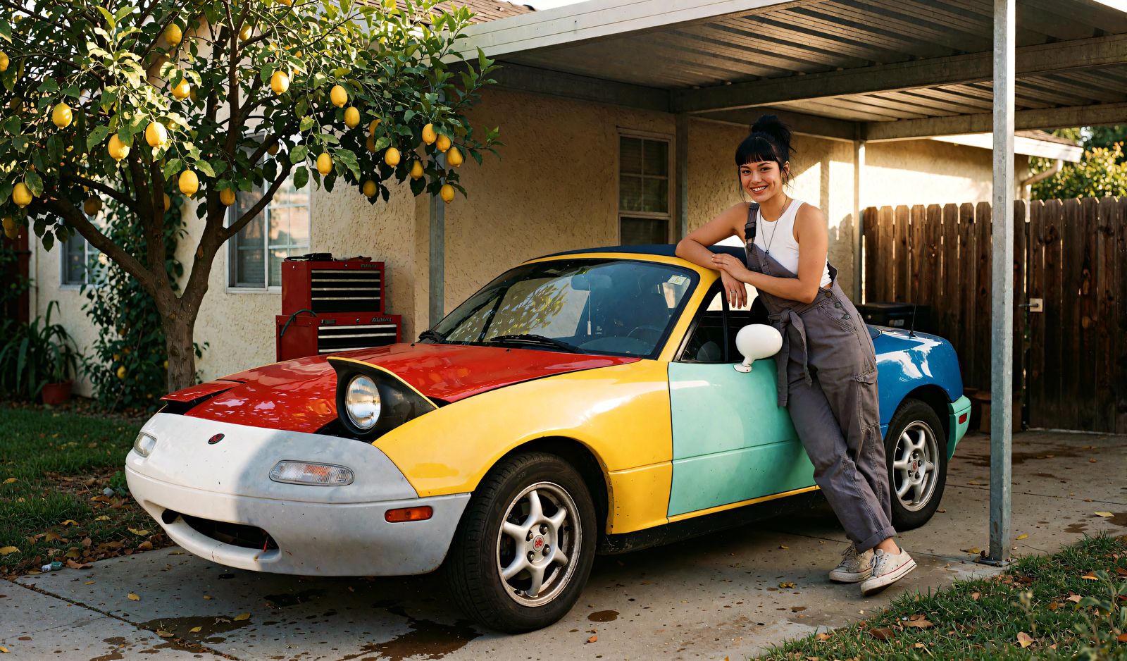 Juno on the mint door of her patchwork Miata