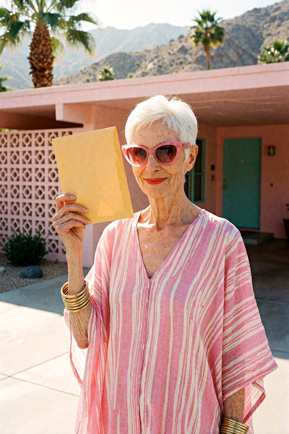 Dot holds up a sealed envelope, smiling