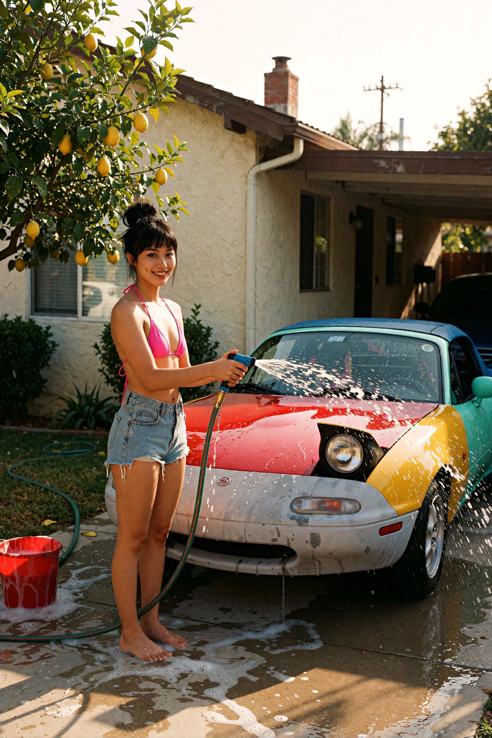 Juno sprays the red hood with a hose, soaked and grinning