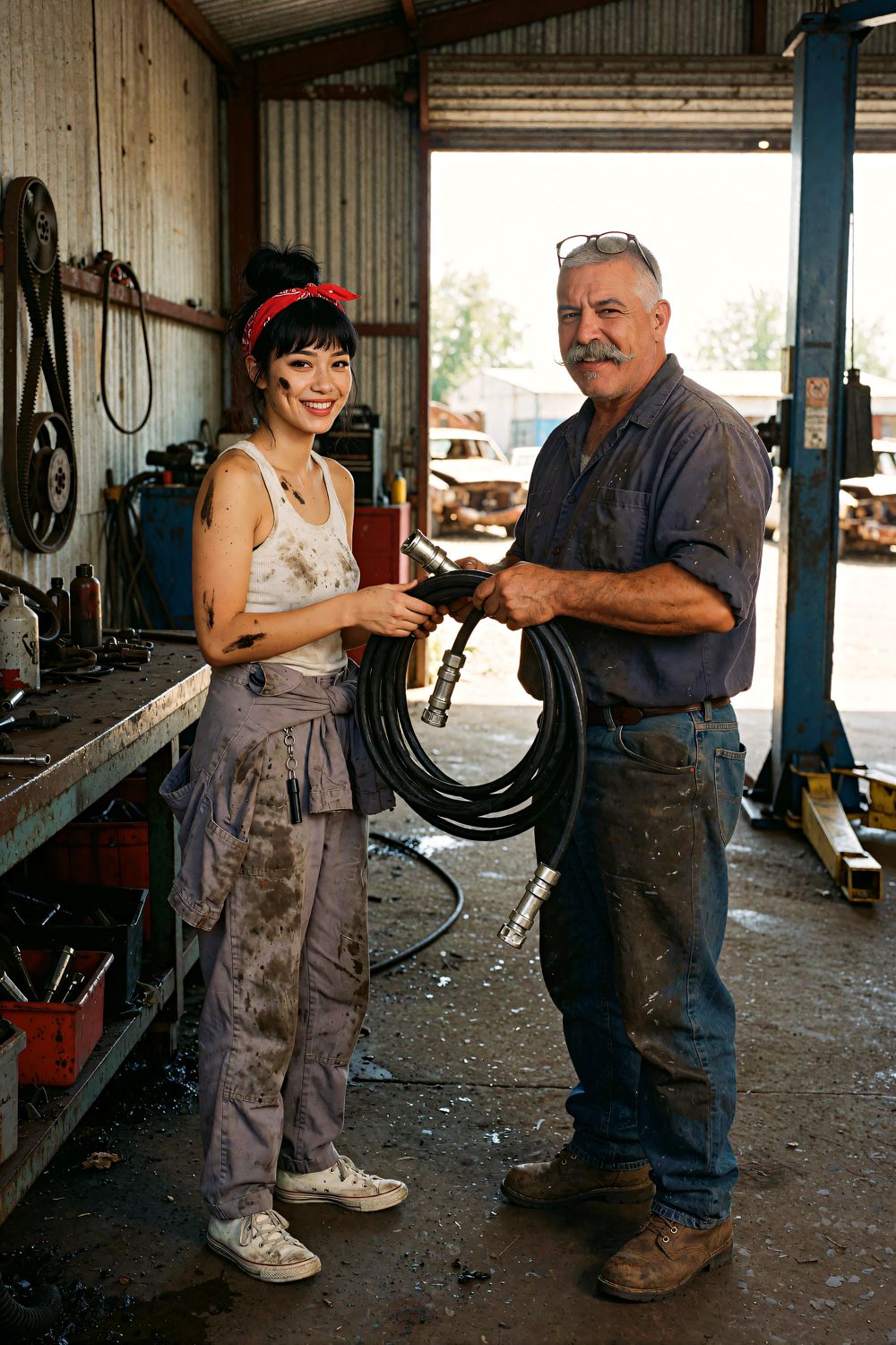 Hector hands Juno a new radiator hose at the bench, both laughing