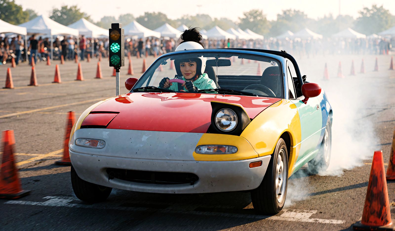 Tofu leaps off the start line in a cloud of tyre smoke