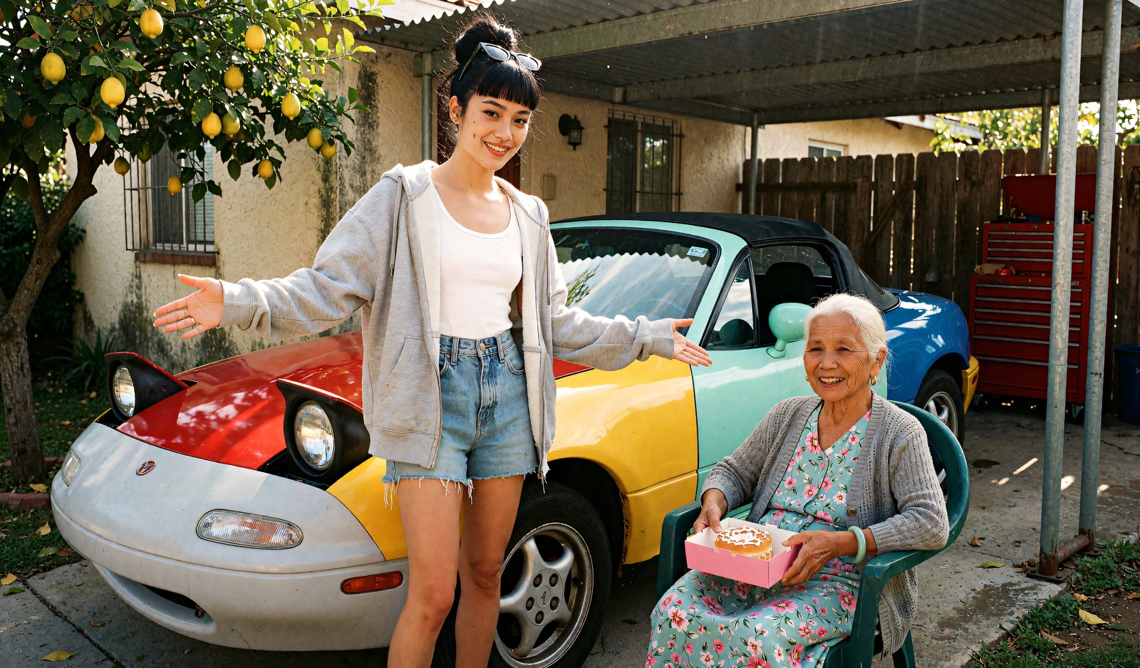 Juno presents the patchwork Miata like a game-show host; Lola in a lawn chair with a pink box, unimpressed